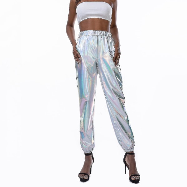 Damemote Holographic Streetwear Club Cool Shiny Causal Pants White XXL