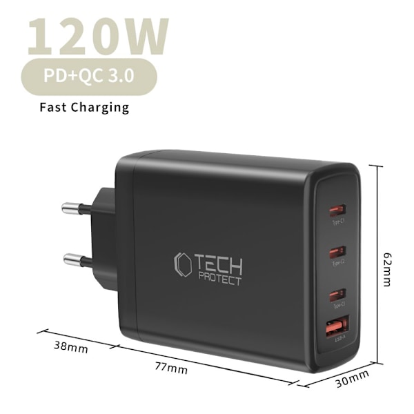 Tech-Protect 120W Vægoplader PD QC3.0 USB-C/USB-A Sort 280