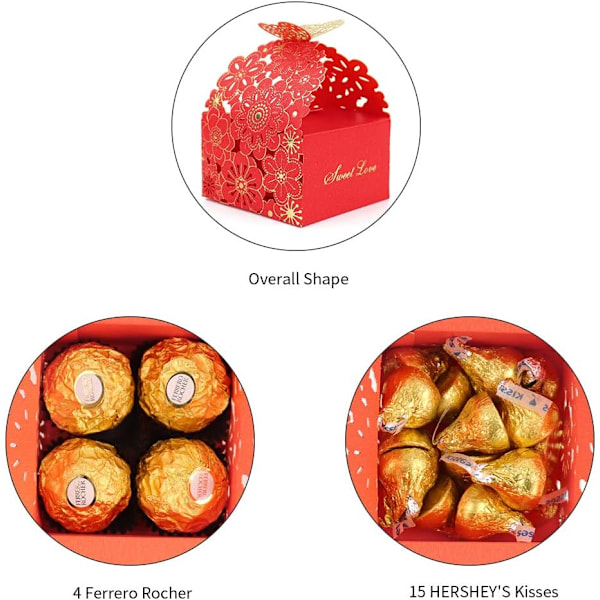 50 kpl/setti Kukka Perhonen Ontto Karkki Laatikko Keksit Lahja Laatikko Romanttinen Hääsuosikit Makea Suklaa Laatikko Juhlatarvikkeet Punainen Red 8*7*6.5CM