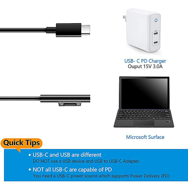 For Surface til USB-C opladningskabel til Surface Pro 3/4/5/6/7, Surface Laptop 3/2/1, Surface Go