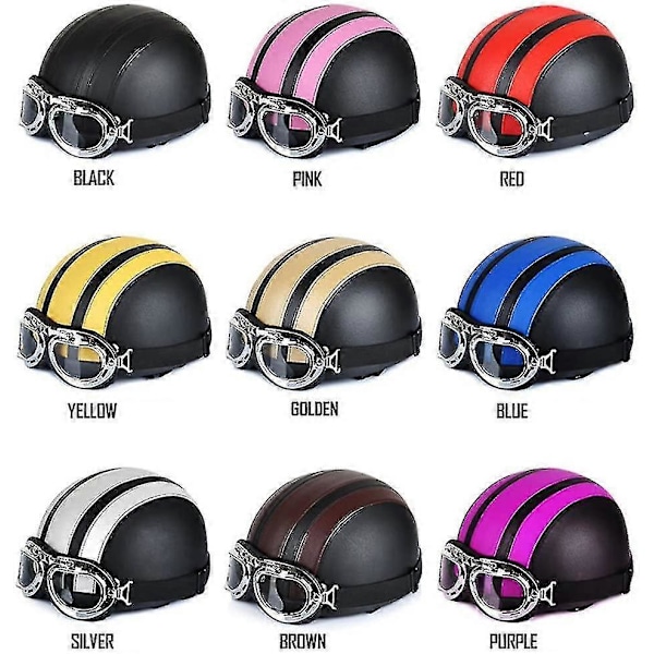 Motorsykkel Scooter Åpen Hjelm i Lær med Anti-UV Briller Retro Vintage Stil 54-60cm [DB]