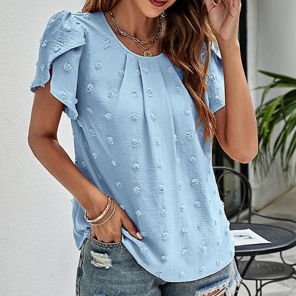 T-shirt dam T-shirt Chiffong med rund halsringning Polka Dots Tunika Blus Casual Petal-sleeve Tee Blue L