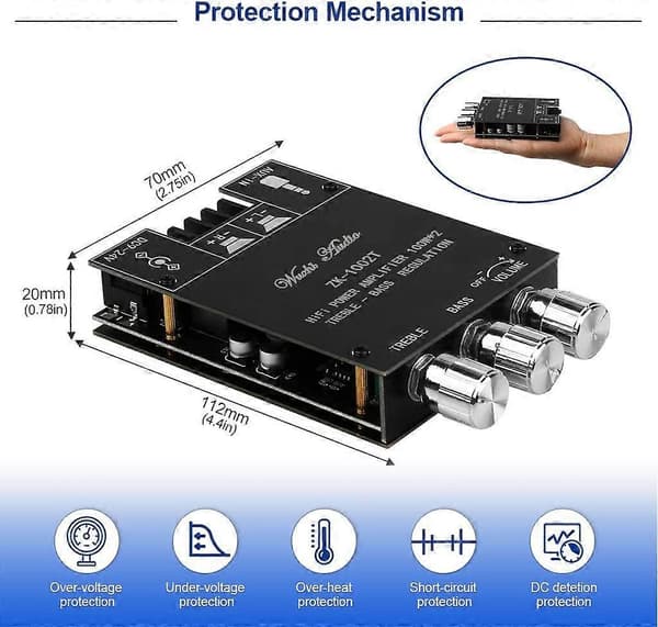 ZK1002T Bluetooth Forstærkerkort 2.0CH 100W2 Mini Audio AMP med Diskant- og Baskontrol