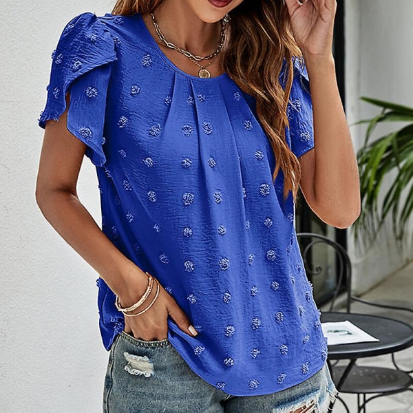 Damet-shirt med rund hals, Chiffon Top med Polka Dots, Tunika Bluser, Casual Bluser med Petal-ærmer Royal Blue L