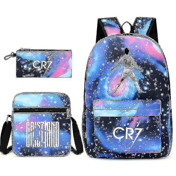 Fotbollsstjärnan C Ronaldo Cr7 tryckt ryggsäck runt studenten tredelad ryggsäck. Starry blue 1 backpack