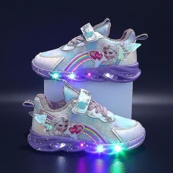 Flickor Led Casual Sneakers Elsa Princess Print Outdoor Skor Barn Light-up Halkfria skor för och vinter Purple 29-insole 17.8cm