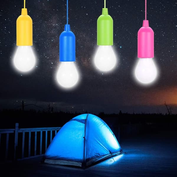 Træklys Lampe 4 stk., Bærbar LED Campinglampe med Træk Switch, Farvede Pærer Hvid LED Lys