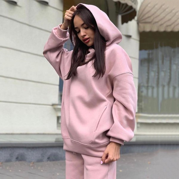 2-delad Hoodie-set med enfärgad tröja och byxor - Tjock träningsdräkt Pink S