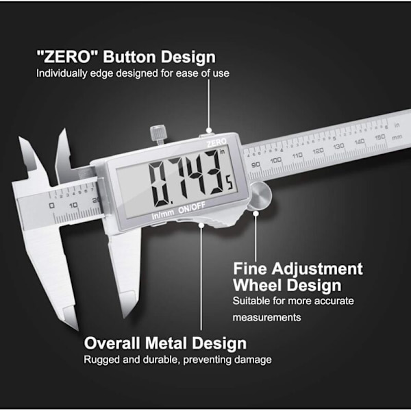 Precision Digital Caliper 150mm, Stainless Steel with mm/inch Conversion & LCD Display, Splash-proof