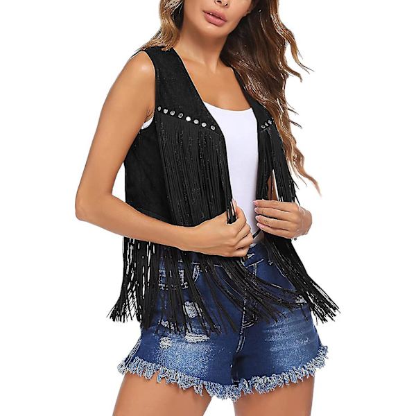 Kvinders Langt Frynser Suede Vest Åben Front V-Hals Ensfarvet Nitter Dekoration Damer Vintage Frynser Veste Streetwear Black XL