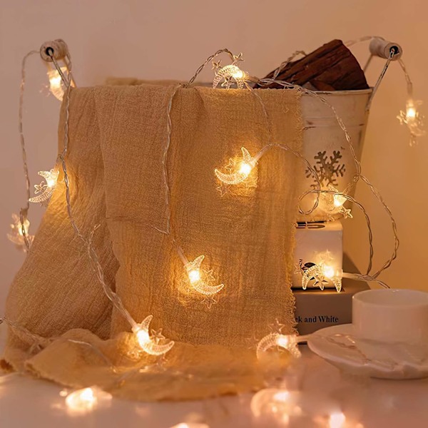 Silikon-fe-lys for julepynt Stjerne og måne, varme farger. Star and moon, warm colors. 20 m200lamps plug-in version