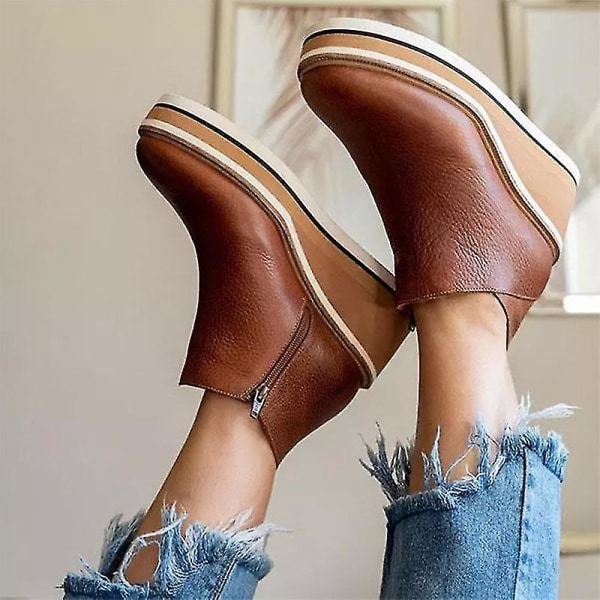 Dame Premium solide farger kile ankelstøvletter rund tå fottøy kiler Uformelle sko Fasjonable Khaki 38