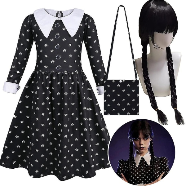 Onsdagar Addamsklänning Barn Flickor Cosplay Festklänning+väska+peruker/klänning+väska/peruker 4-10 år Fancy Dress Up Kostymer