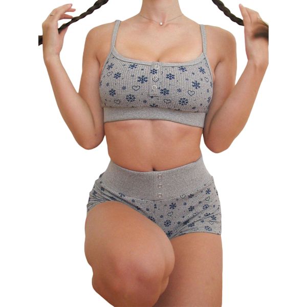 Naisten 2-osainen kukallinen setti Y2k pitkähihainen crop-top ohut T-paita korkeavyötäröiset shortsit asut loungewear Gray M