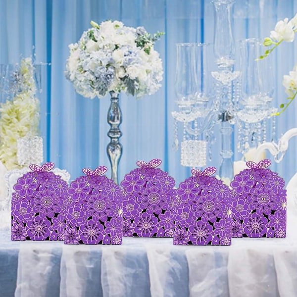 50 stk/sett Blomster Sommerfugl Hul Godteriboks Kake Gaveeske Romantisk Bryllupsgaver Søt Sjokoladeboks Festartikler Lilla Purple 8*7*6.5CM