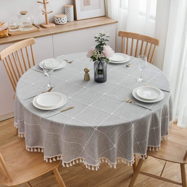 Jacquard Rund Dugt Dekorativ Bomuld Linned Kvaster Dug, Maskinvaskbar, Diameter 180cm, Lysegrå