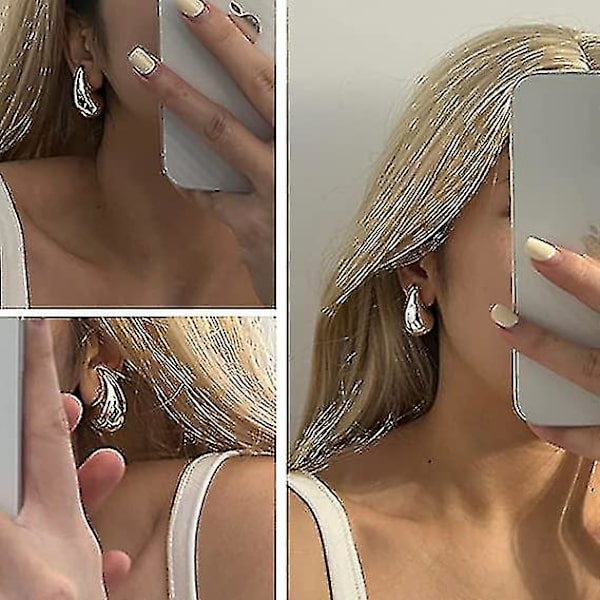 Tykke Guld Hoops Øreringe til Kvinder, Letvægts Vanddråbe Hul Åbne Hoops Øreringe Mode Smykker til Kvinder Piger - Sølv