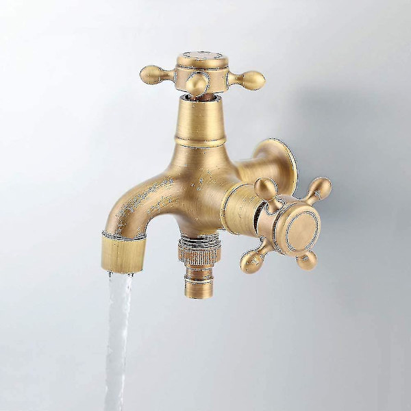 Udendørs Gammel Stil Hane, Have Retro Kobber Vandhane Med Dobbelt Udløb, Enkelt Kold Vaskemaskine Mop Pool Vask Vandhaner (1 Stk, Vintage Guld) -t