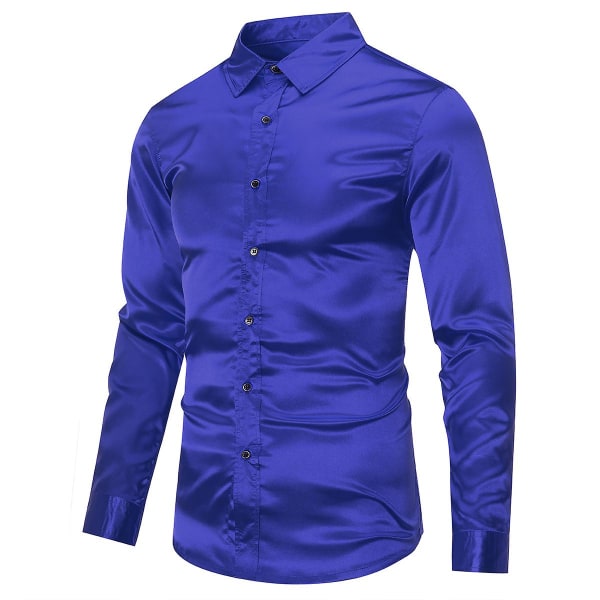Sliktaa Herre Casual Fashion Shiny Langermet Slim-Fit formell skjorte Blue M