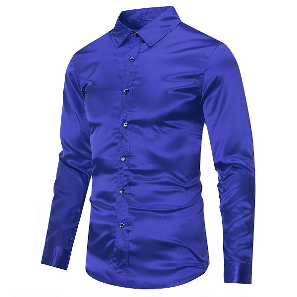 Sliktaa Miesten Rentoutunut Muodikkaat Kiiltävät Pitkähihaiset Slim-Fit Virallinen Paita Blue 2XL