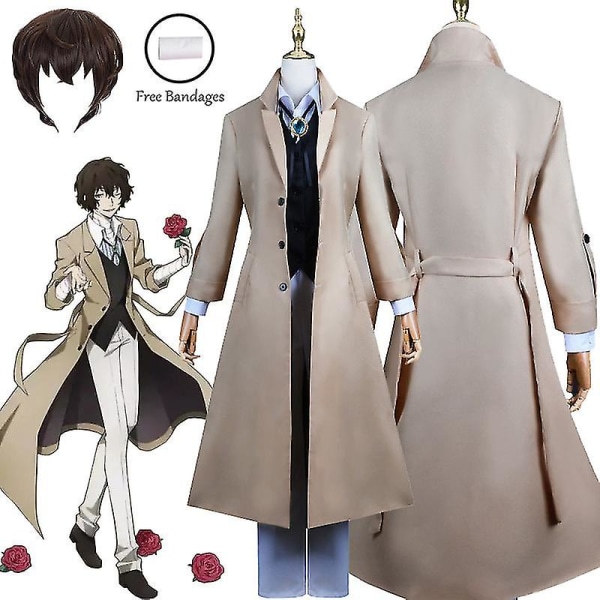 Anime Dazai Osamu Cosplay-asu Bungo Stray Dogs Cosplay Pitkä Takki Dazai Osamu Peruukki Halloween Jouluasu costume XXL