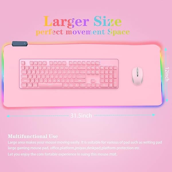 Rosa RGB Gaming Musemåtte 31.5x12 PC XL Stor Lysende Skrivebordsmåtte