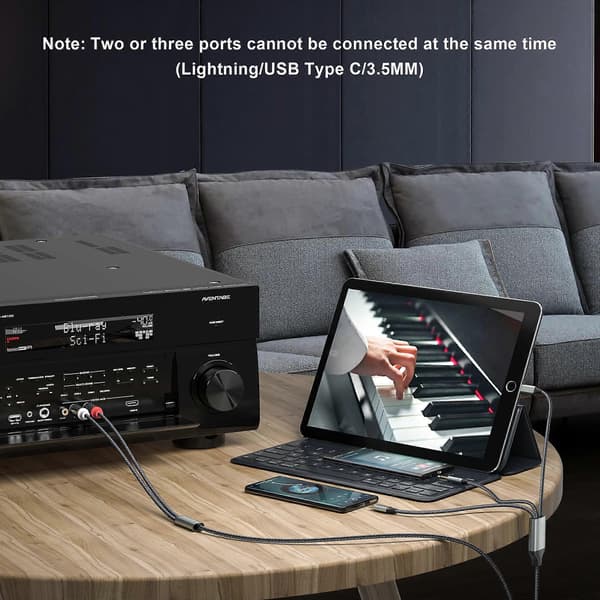 Lightning til RCA-kabel Audio Aux-adapter, RCA til 3,5 mm kabel USB C til 2 RCA-lydkabel, 3-i-1 lydkabel til bil, hjemmebiograf, højttaler og mere