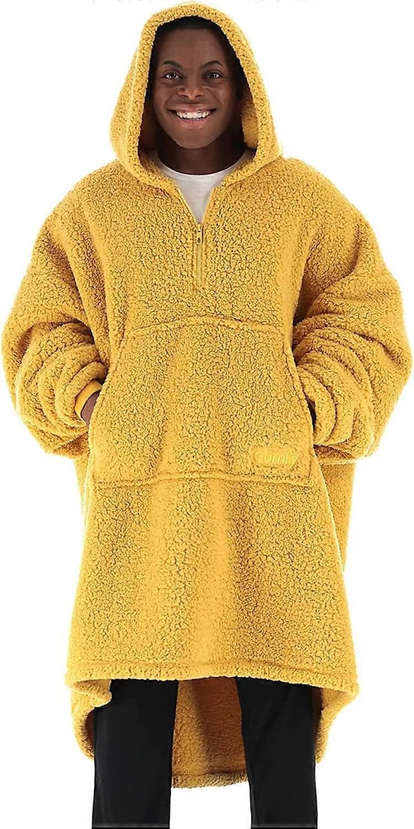 Teddy Bear Quarter Zip Oversized Microfiber Sherpa Bærbar Blanket med Lynlås One Size Mustard