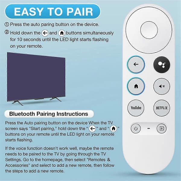 Bluetooth stemmefjernkontroll for Google HD/4K Snow Streaming Stick G9N9N fjernkontroll White