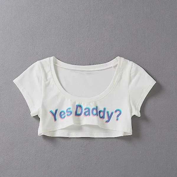 Kvinnors T-shirt med bokstavstryck, kort ärm, Yes Daddy, kort topp, crop, löpning White