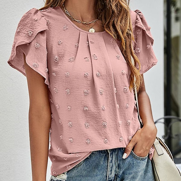 T-shirt dam T-shirt Chiffong med rund halsringning Polka Dots Tunika Blus Casual Petal-sleeve Tee Dark Pink S