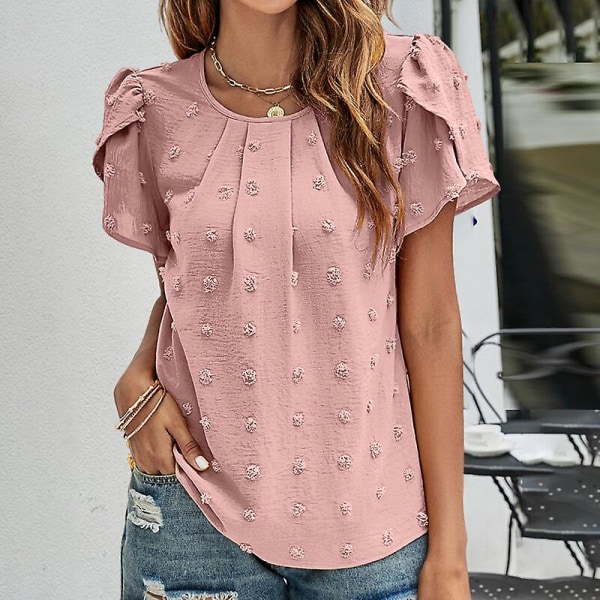 Dame T-skjorte Chiffon topper med rund hals Polka Dots Tunika Bluse Uformell T-skjorte med kronbladermer Dark Pink M