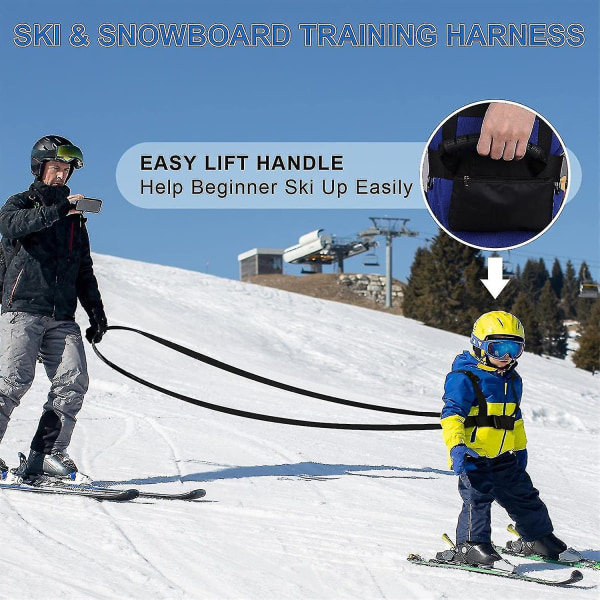 Ski- og snowboardsele for barn, skisele med avtakbar bånd og bag, fartskontrolltimer Skitilbehør for barn Gutter Jenter Nybegynnere Black