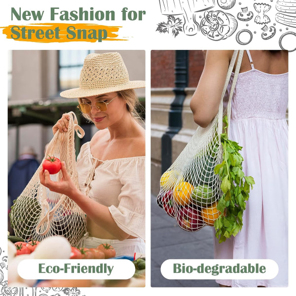 Net Bag String Bag, Net Shopping Bag, Vaskbar Økologisk Bomuld String Shopping Bags med langt håndtag