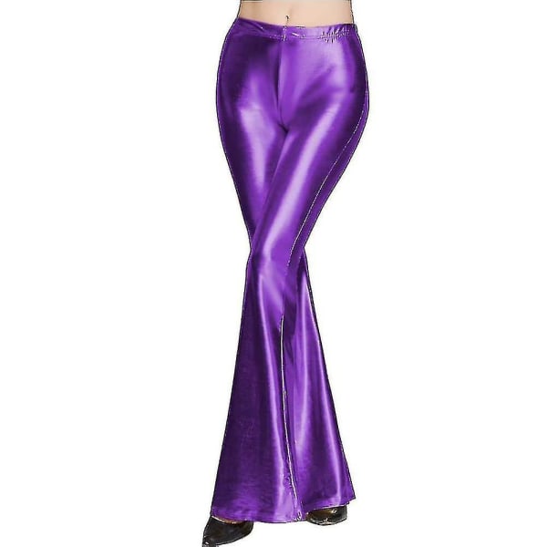 Dam 70-tal Mermaid Shiny Metallic Flare Leg Byxor Hippie Metallic Pants Yogabyxor Purple S