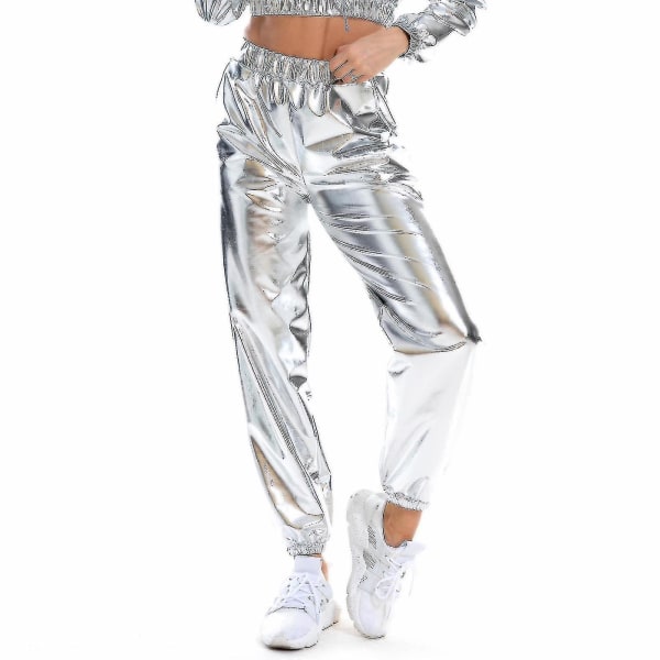 Damemote Holographic Streetwear Club Cool Shiny Causal Pants Silver XL