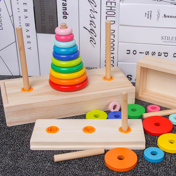 Hanoi Tower i trä, tio våningar, tidig utbildning, barns pedagogiskt spel för att odla barns logiska tänkande, rensningsspel Hanoi Tower