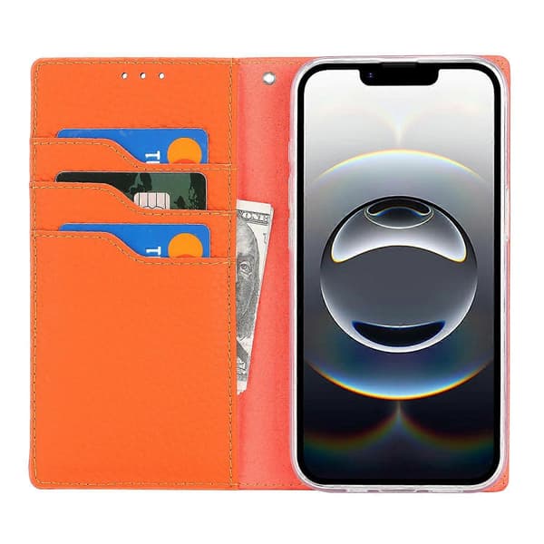 Kompatibel med iPhone 16e Wallet Case Ægte Ko Læder Telefon Cover Litchi Tekstur Multicolor Orange