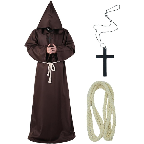 Unisex voksen middelalderkåbe kostume munk hættekåbe kappe broder præst troldmand halloween tunika kostume 3 stk. Brown Large