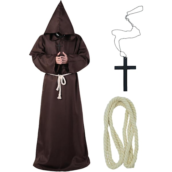 Unisex Vuxen Medeltida Kåpa Kostym Munk Huvad Kåpa Kappa Friar Präst Trollkarl Halloween Tunika Kostym 3 delar Brown Medium