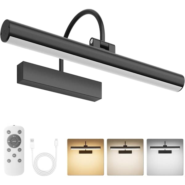 Rechargeable Picture Light with Remote Control, Dimmable and 3 Color Temperatures, Battery Operated Wall Lamp with Timer & Memory - Black Black