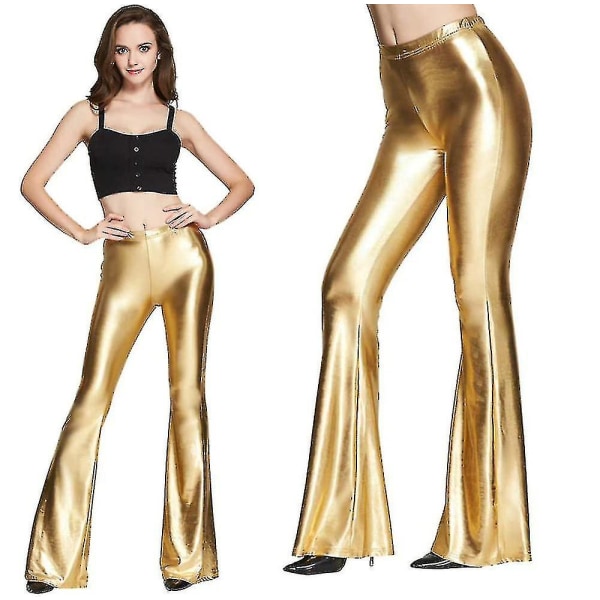Dame 70-talls havfrue skinnende metalliske flare benbukser Hippie metalliske bukser Yogabukser Gold S