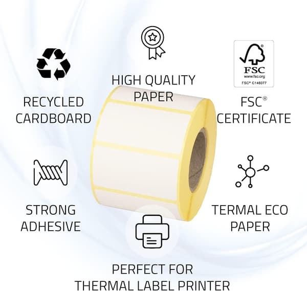 MDlabels Hvide Termiske Etiketter Rulle - 60 x 30mm - 1000 Styk - Permanent Lim til Stregkoder, Hvide Selvklæbende Etiketter til Mærkning