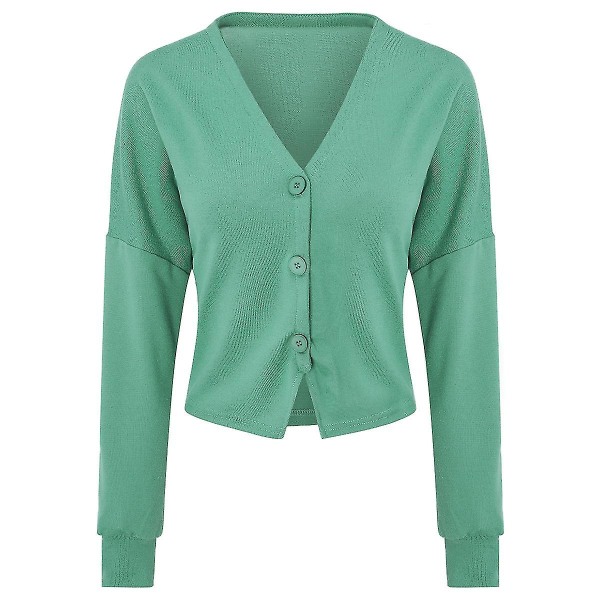 Bomuld Dame V-hals Fashion Design Løs ensfarvet Casual Cardigan 15 farver Green L