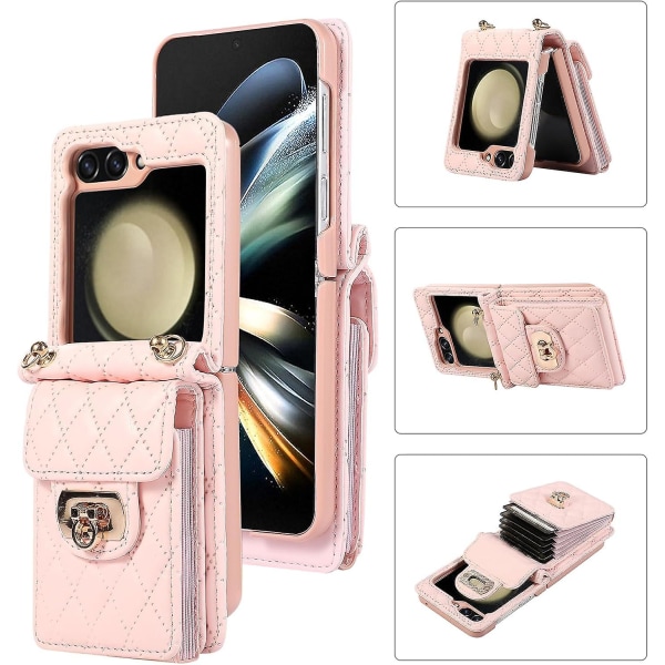 Galaxy Z Flip 5 case, crossbody pehmeä case Samsung Galaxy Z Flip 5:lle, jossa 6 korttipaikkaa Pink