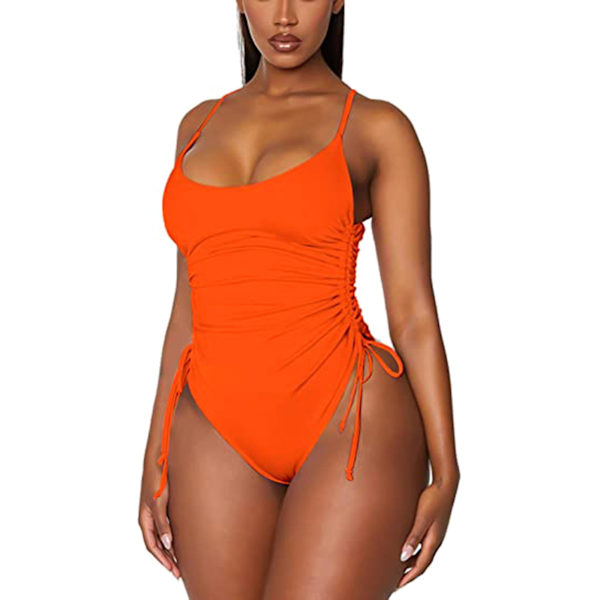 Dames Rynket Højbenet Badedragt Tummy Control Monokini Bikini Orange S