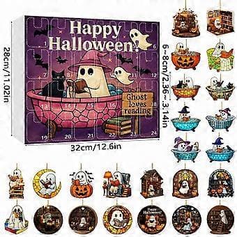 Halloween-adventskalender med nummererte rom og spøkelsetema for daglig nedtelling