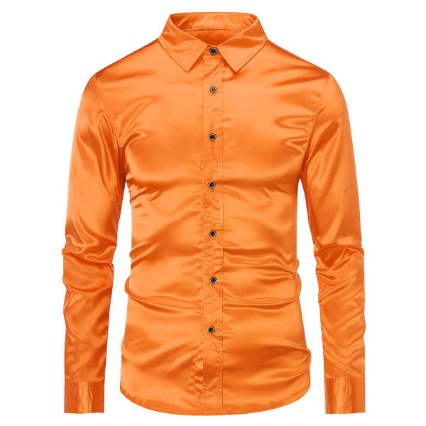 Sliktaa Herre Casual Fashion Shiny Langermet Slim-Fit formell skjorte Orange S