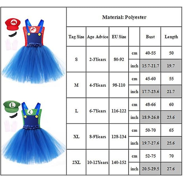 Barnflickor Super Mario & Luigi Kostym Tutu Klänning Hattar Mustasch Handskar Tillbehör Kit Halloween Cosplay Kläder För 2-12 År Grön Green 10-12Years