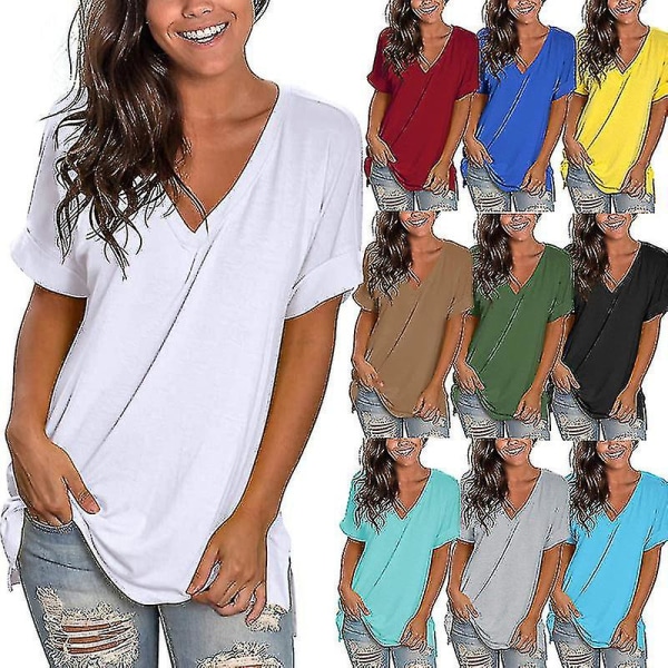 Dam T-shirt Sommar Toppar 2022 Sommar V-ringad Lös Casual Lake water green color L